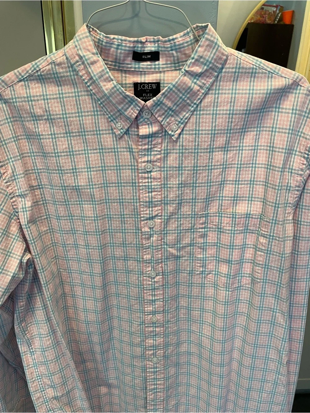 J. Crew Men's Pink and Light Blue Plaid Button-Down Shirt